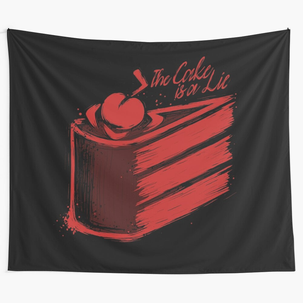 Minimalist Portal tapestry featuring a silhouette of the iconic "the cake is a lie" design