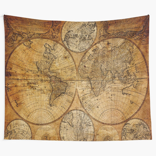 Vintage 1980s world map tapestry featuring an old, antique-style map design