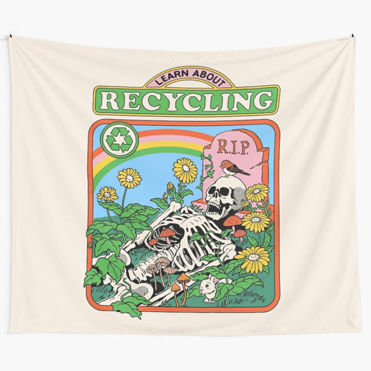 Colorful tapestry depicting a skeleton, mushrooms, and nature, promoting recycling