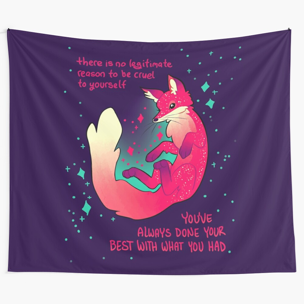 Inspirational space fox tapestry with motivational message about self-care