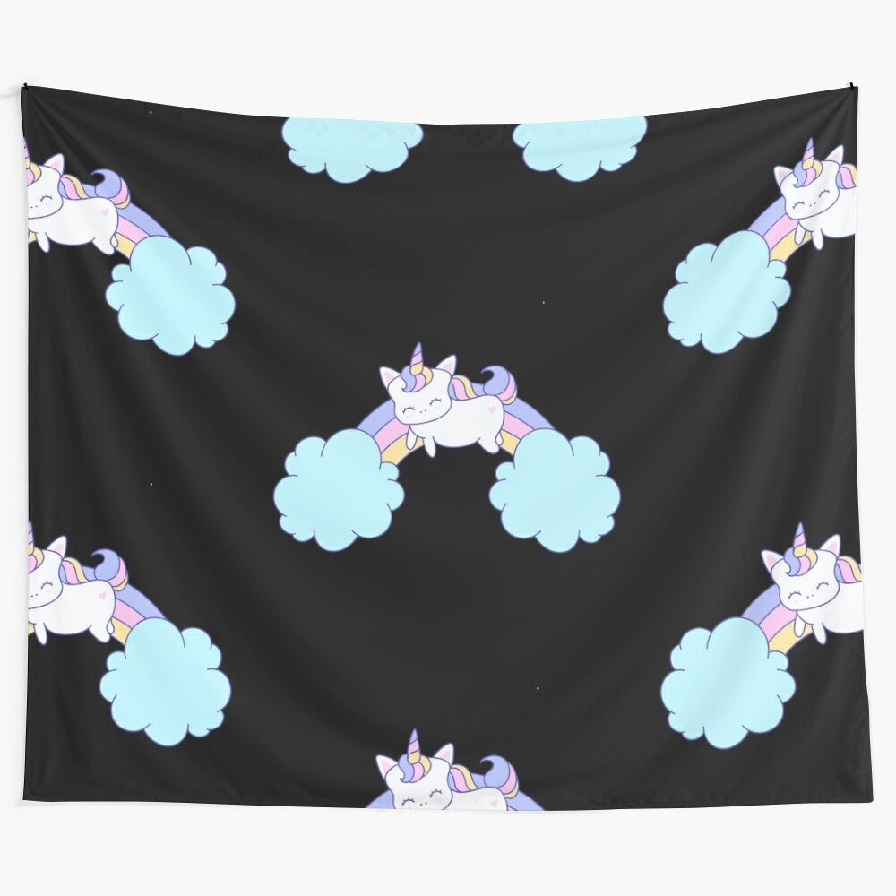 Colorful unicorn tapestry with a dreaming, happy, and flying unicorn design