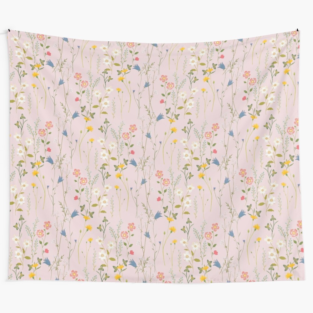 Dreamy floral pattern tapestry with watercolor-style flowers and botanicals