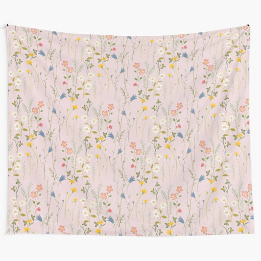 Dreamy floral pattern tapestry with watercolor-style flowers and botanicals