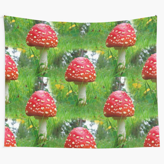 Colorful fly agaric mushroom tapestry with abstract and nature-inspired patterns