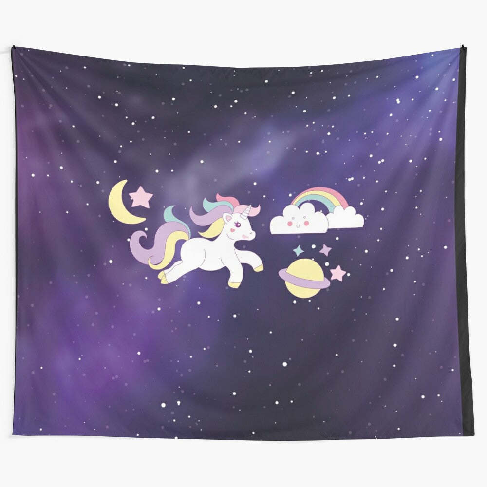 Colorful tapestry featuring a magical unicorn, rainbow, and faces