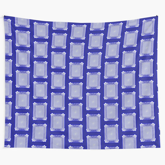 Optical illusion tapestry featuring a blue and white abstract pattern creating a mesmerizing visual effect