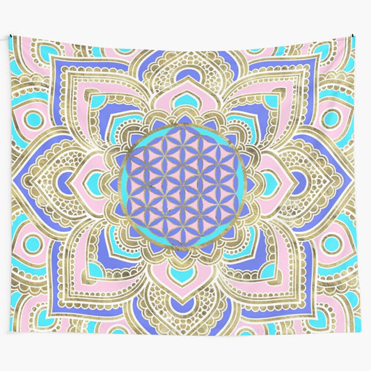 Pastel and gold flower of life tapestry with lotus design