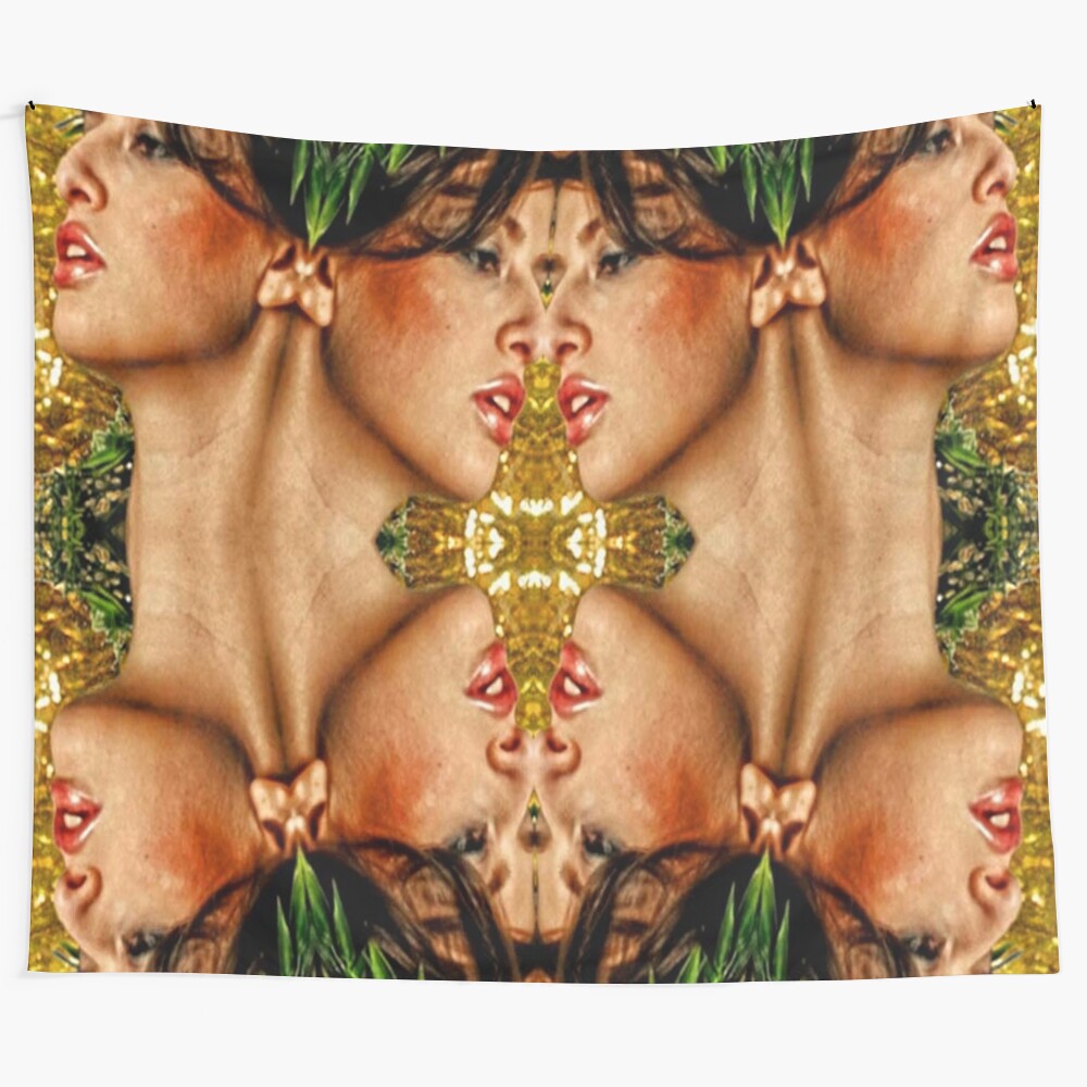 Colorful abstract tapestry with a golden, shimmering reflection