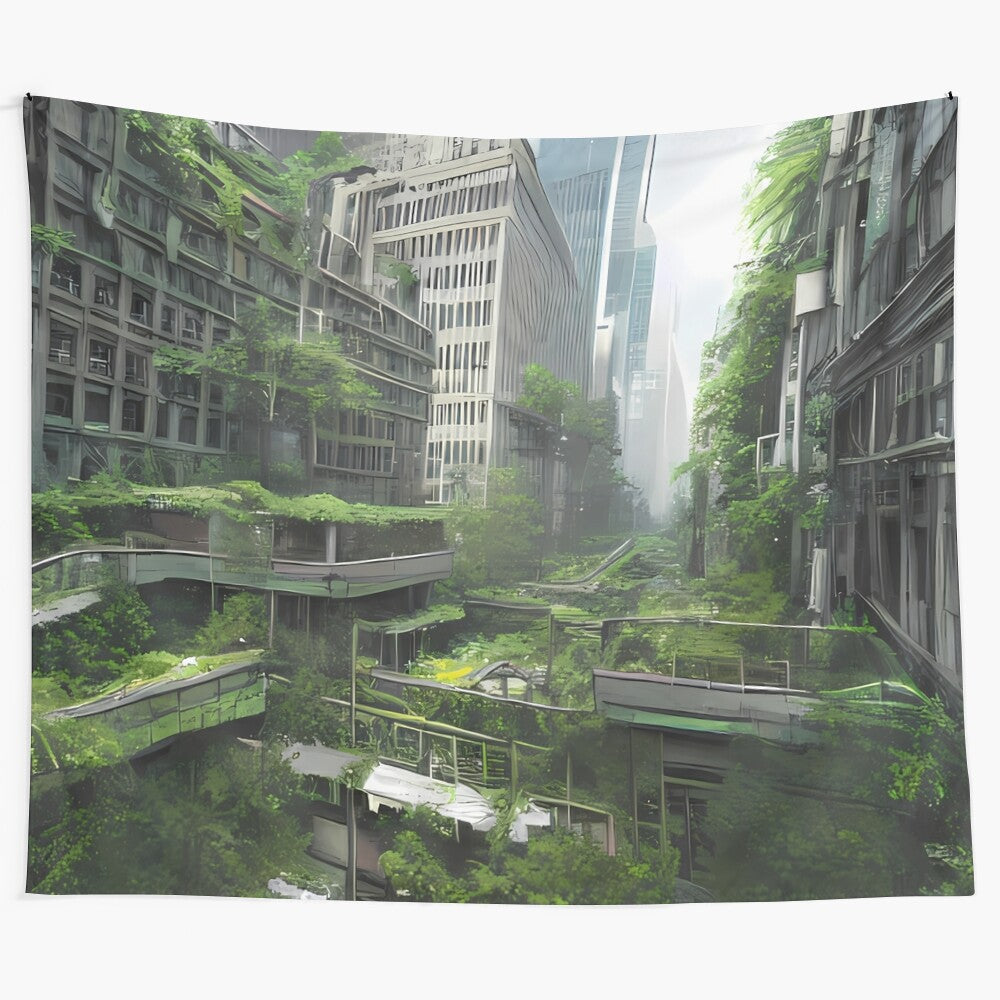 Abandoned western city tapestry with overgrown vegetation and ruins