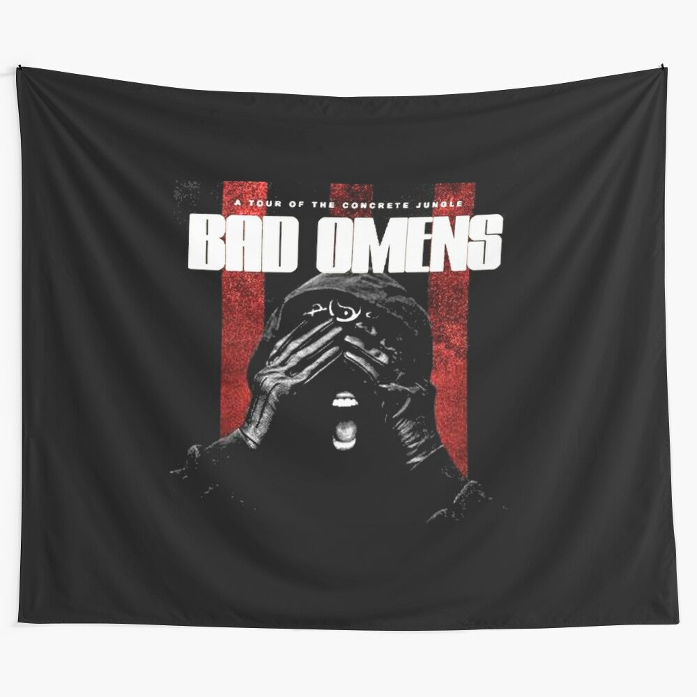 Captivating "Bad Omens" tapestry featuring ominous imagery for a hauntingly beautiful supernatural aesthetic