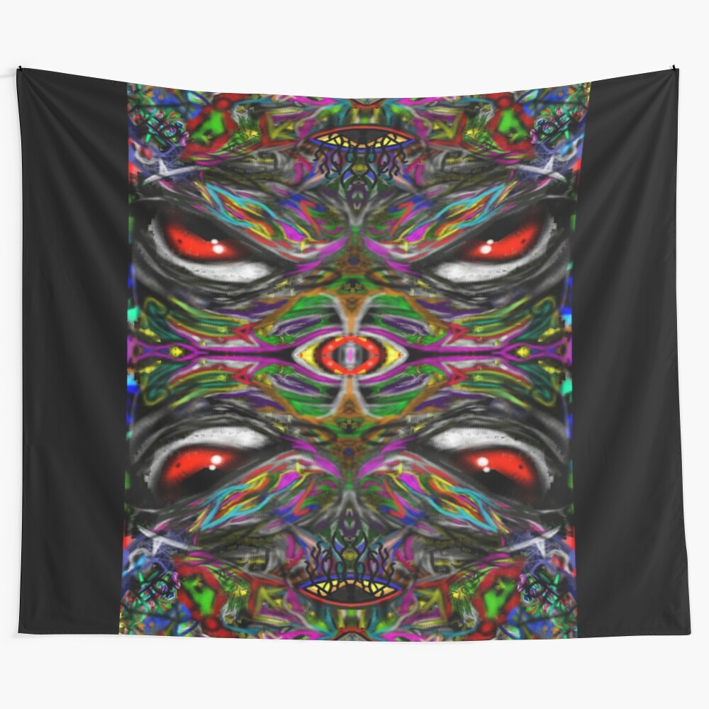 Vibrant abstract tapestry with evil, piercing red eyes and psychedelic, surreal design