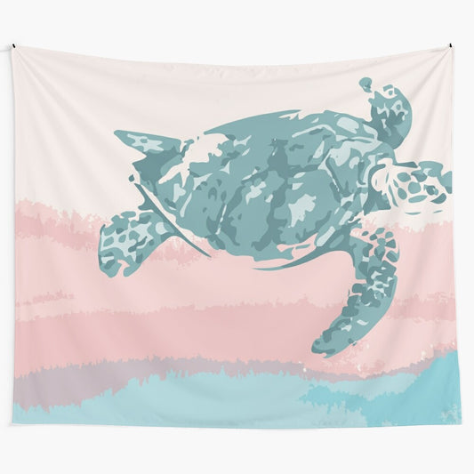 Pastel blue and teal tapestry featuring a swimming sea turtle in an ocean scene