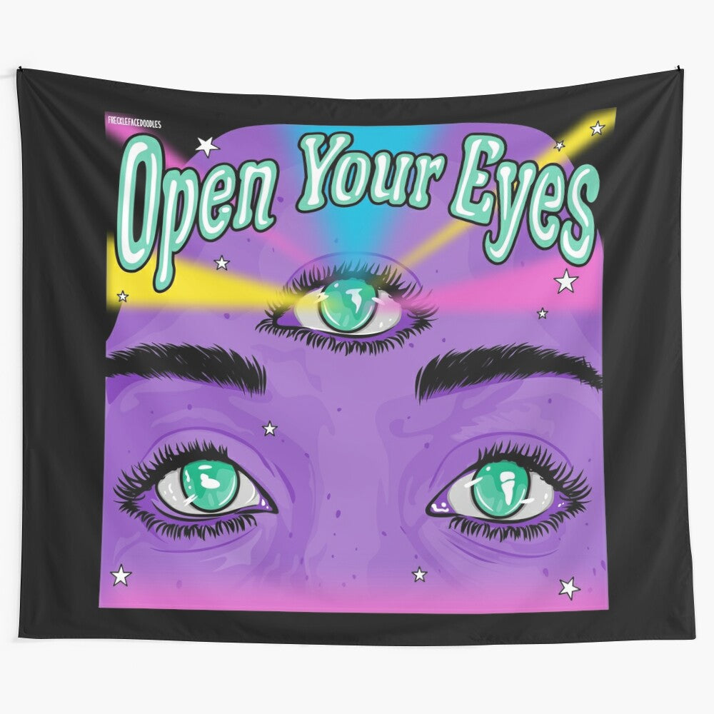 Psychedelic all-seeing eye pop art cartoon tapestry for spiritual awakening