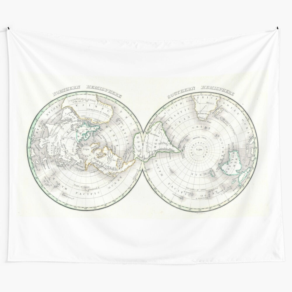 Vintage-style world hemisphere map tapestry