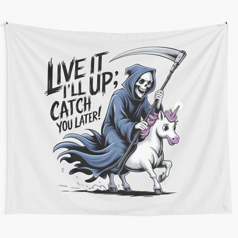 Grim reaper riding a unicorn - whimsical fantasy art tapestry