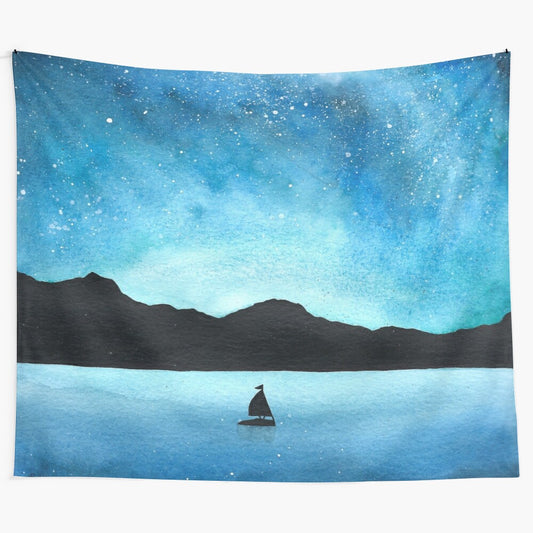 Sailboat silhouette against a starry night sky tapestry