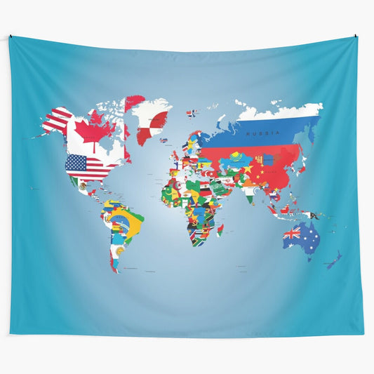 World map tapestry with flags, ideal decorative wall art for travelers