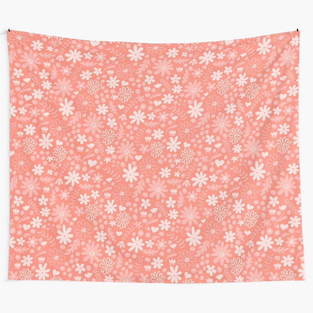 Coral pink floral tapestry with cute flower pattern