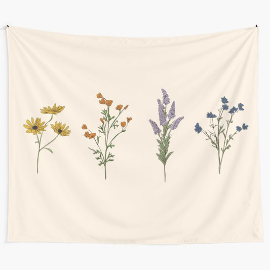 Handdrawn wildflowers tapestry with minimal, nature-inspired design