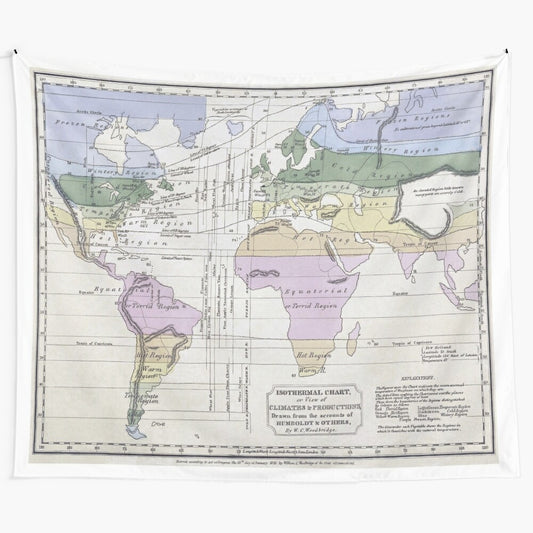 Vintage-inspired world climate map tapestry