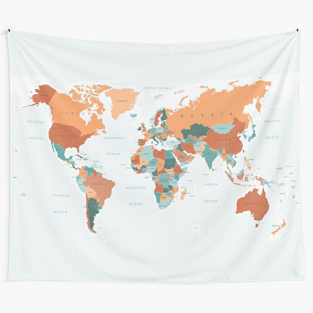 Detailed world map tapestry in teal and burnt orange colors