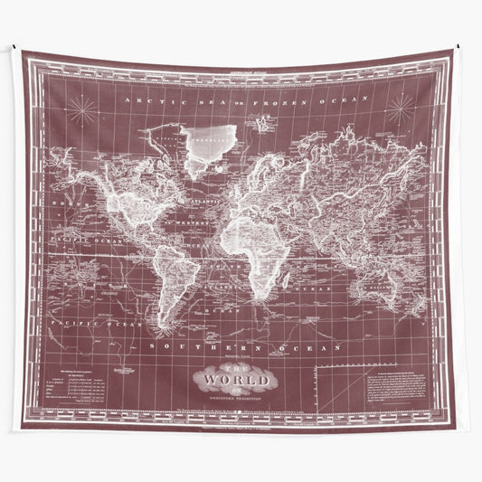 Vintage-style world map tapestry in dark red and white