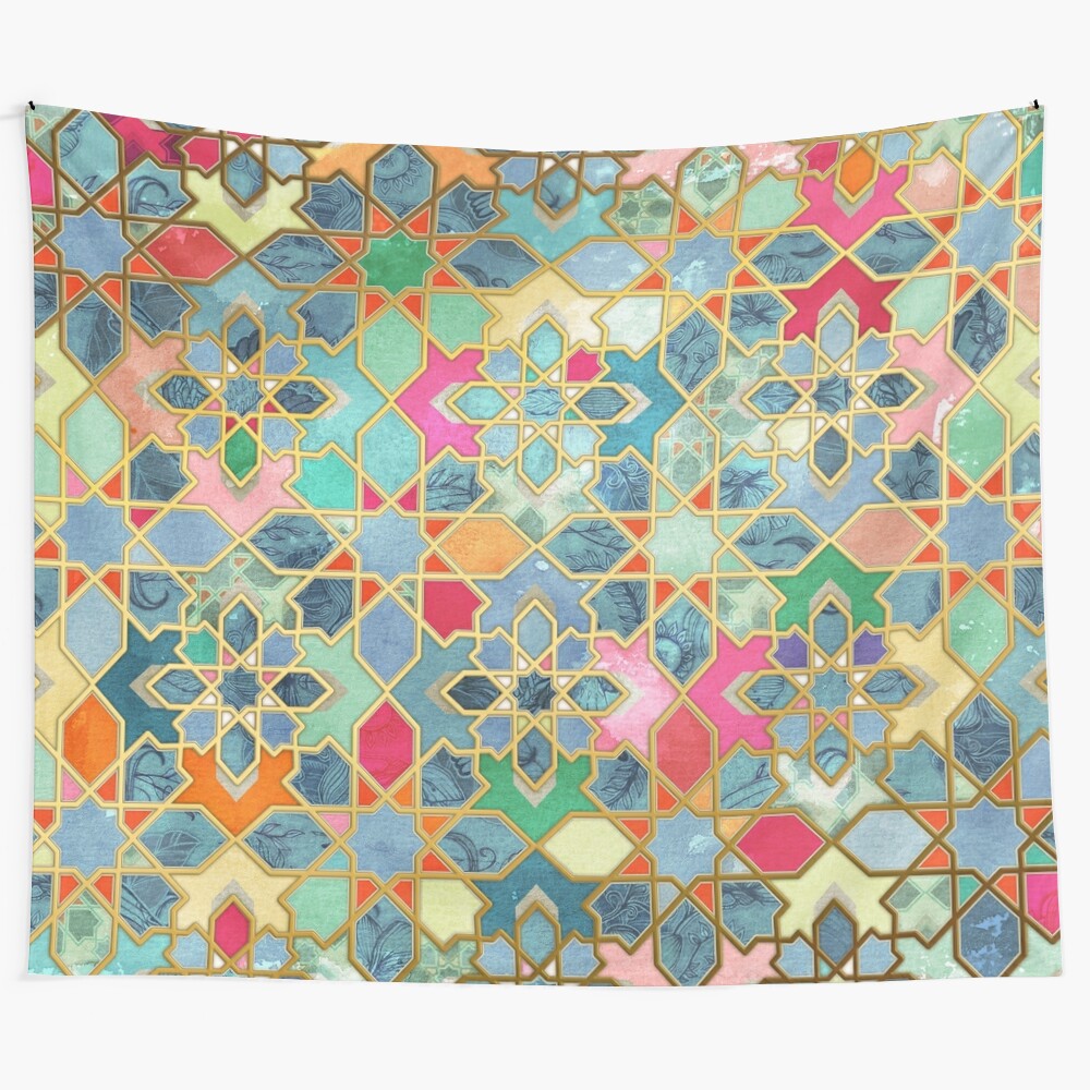 Colorful Moroccan-inspired mosaic tapestry with geometric patterns and vibrant hues