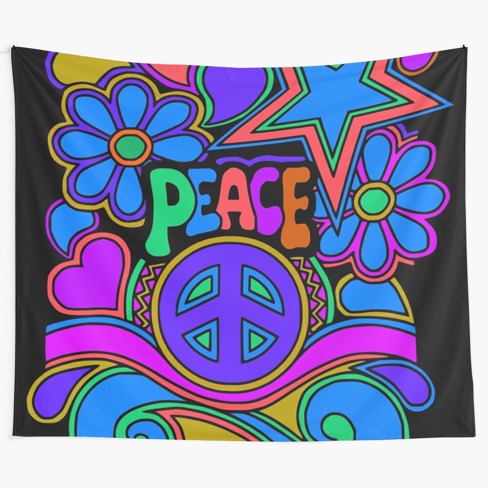 Colorful hippie-style tapestry with flowers and stars