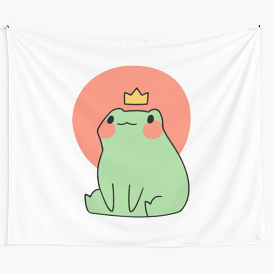 Decorative tapestry featuring a cute green frog wearing a crown