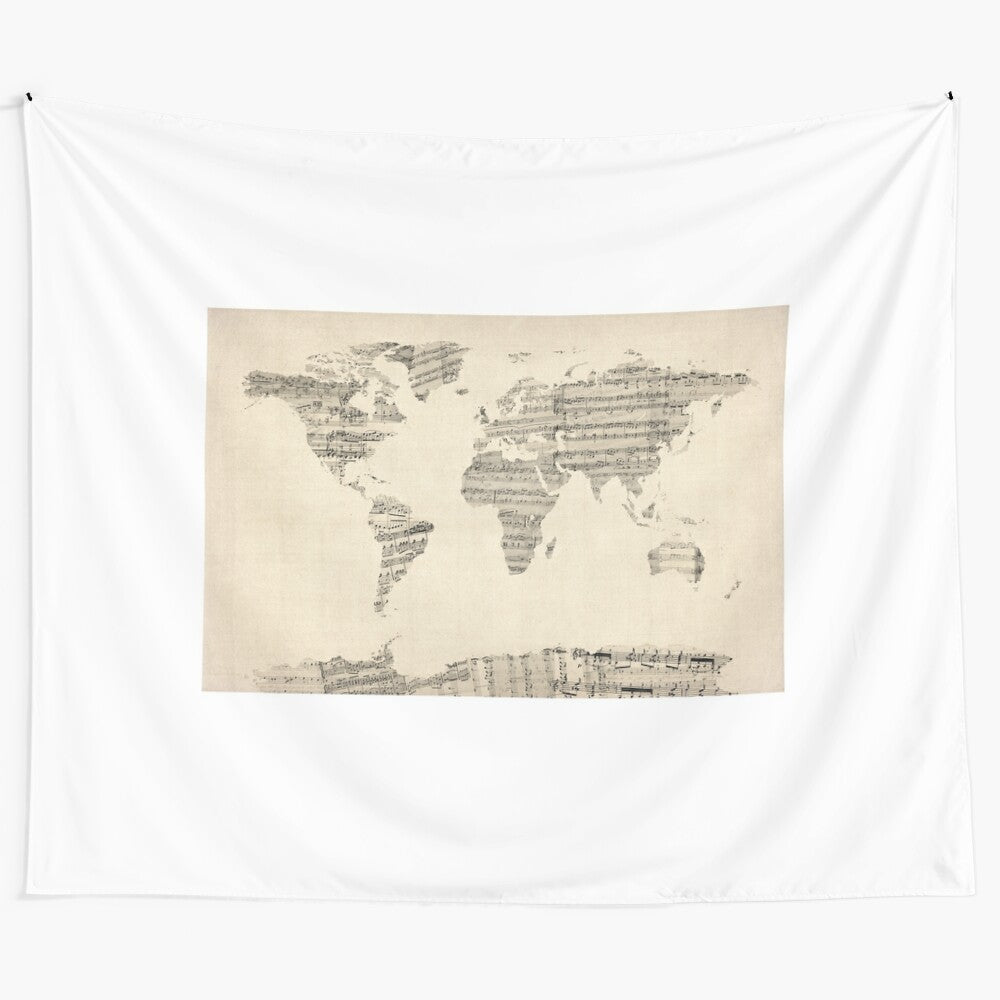 Vintage World Map Tapestry Art from Old Sheet Music