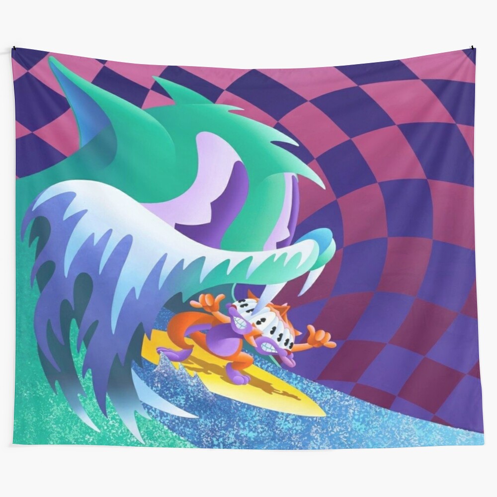 Colorful and trippy tapestry artwork featuring a kitty, impala, and abstract designs