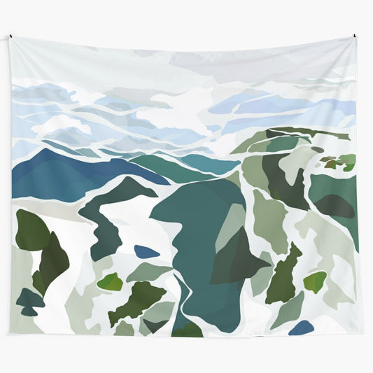 Green mountains tapestry featuring a scenic, abstract landscape with blue sky and hills