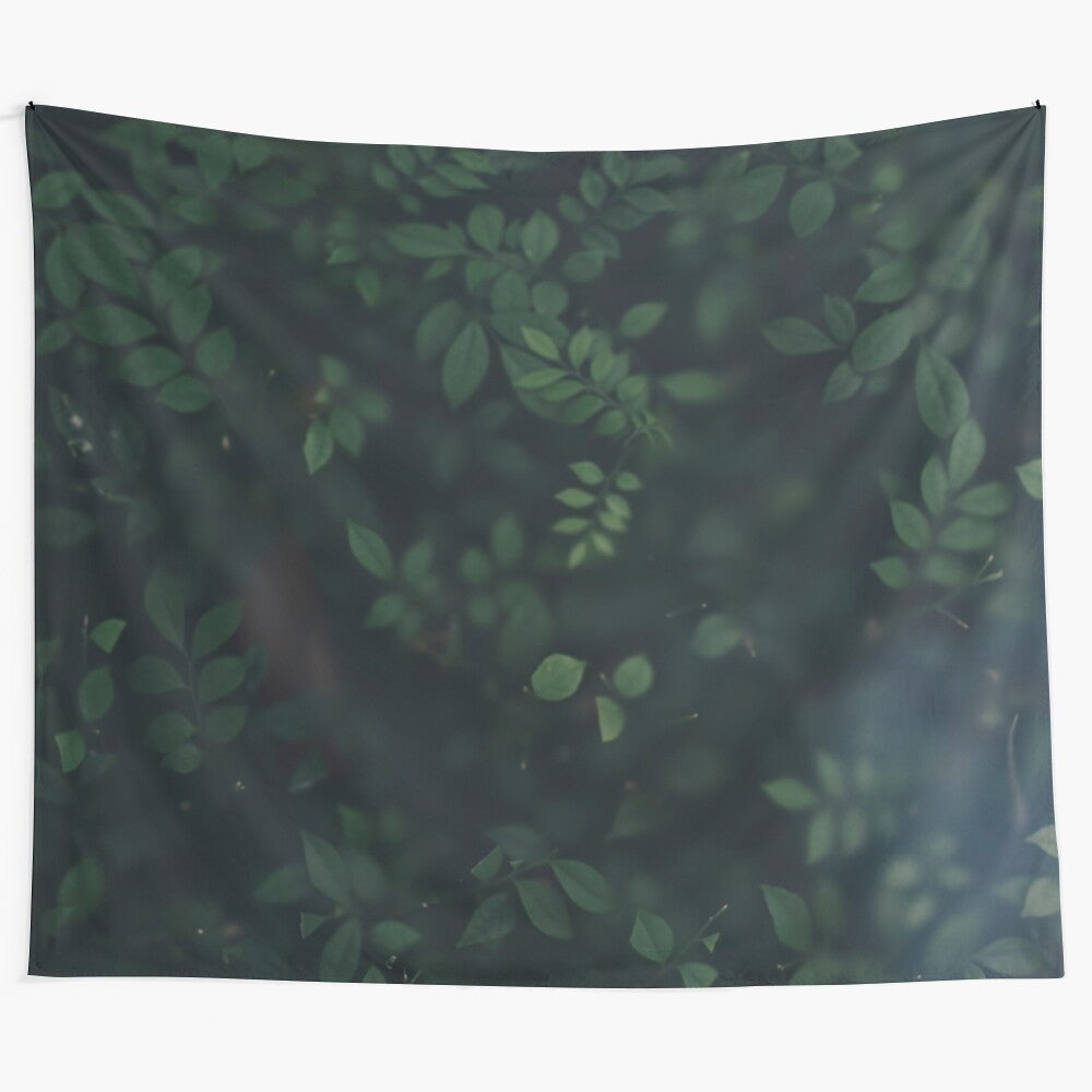 Green botanical tapestry with lush foliage and leaves