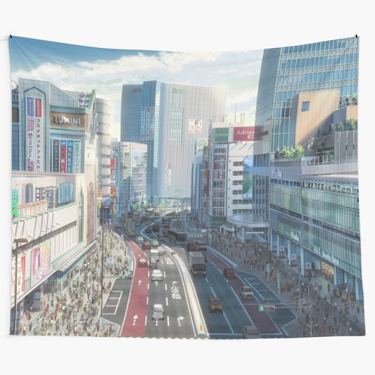 Shinjuku anime tapestry featuring characters and scenes from the film "Your Name" by Makoto Shinkai