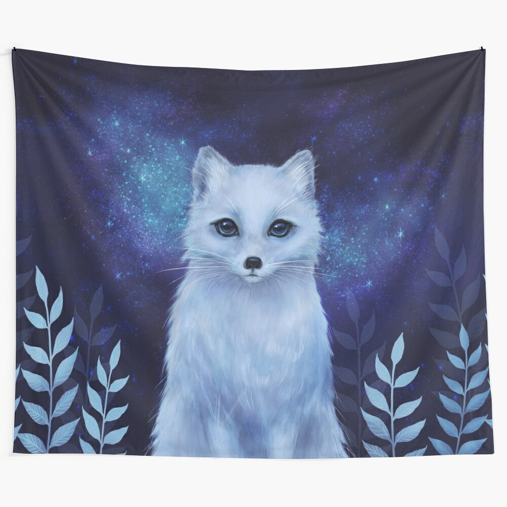 Cozy winter fox tapestry with a cute, fluffy fox in a snowy, woodland setting