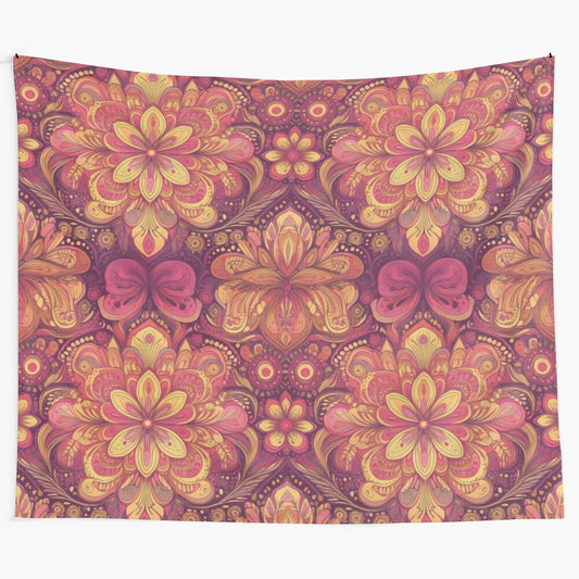 Retro boho tapestry with psychedelic 70s inspired floral and geometric patterns