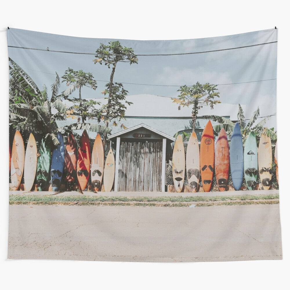 Coastal surf tapestry wall art featuring a vintage-inspired nature scene