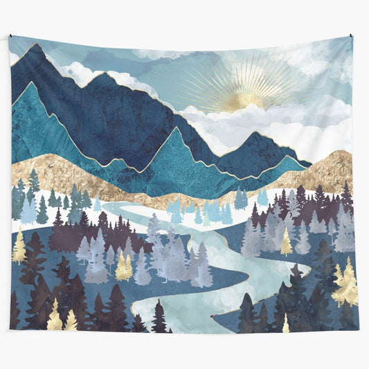 Serene valley sunrise tapestry with mountains, trees, and a river