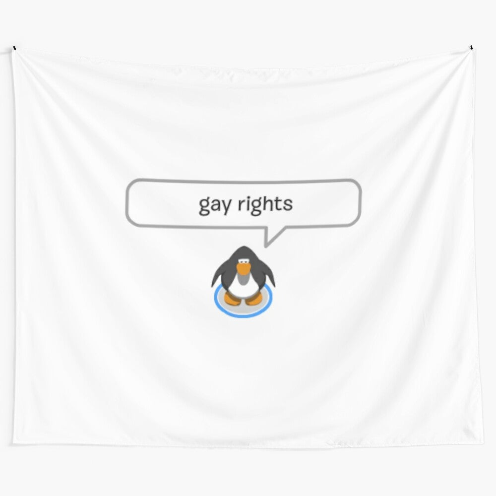 Colorful tapestry featuring a pride-themed penguin design