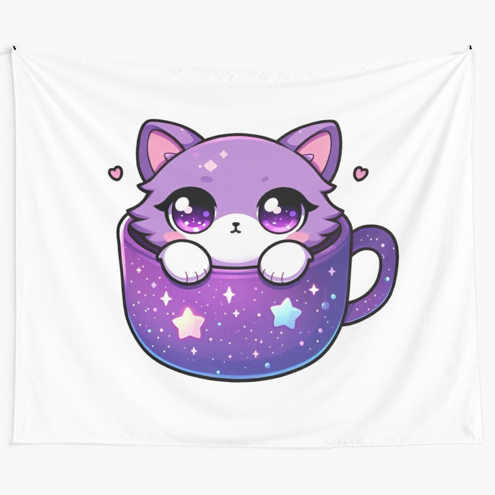 Kawi Cat Tapestry featuring a whimsical cat in a galaxy backdrop