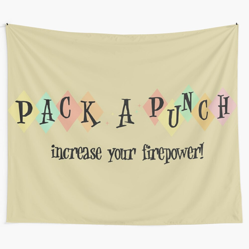 Pack a punch sign tapestry featuring eerie zombies and horror themes inspired by Call of Duty Black Ops video game series