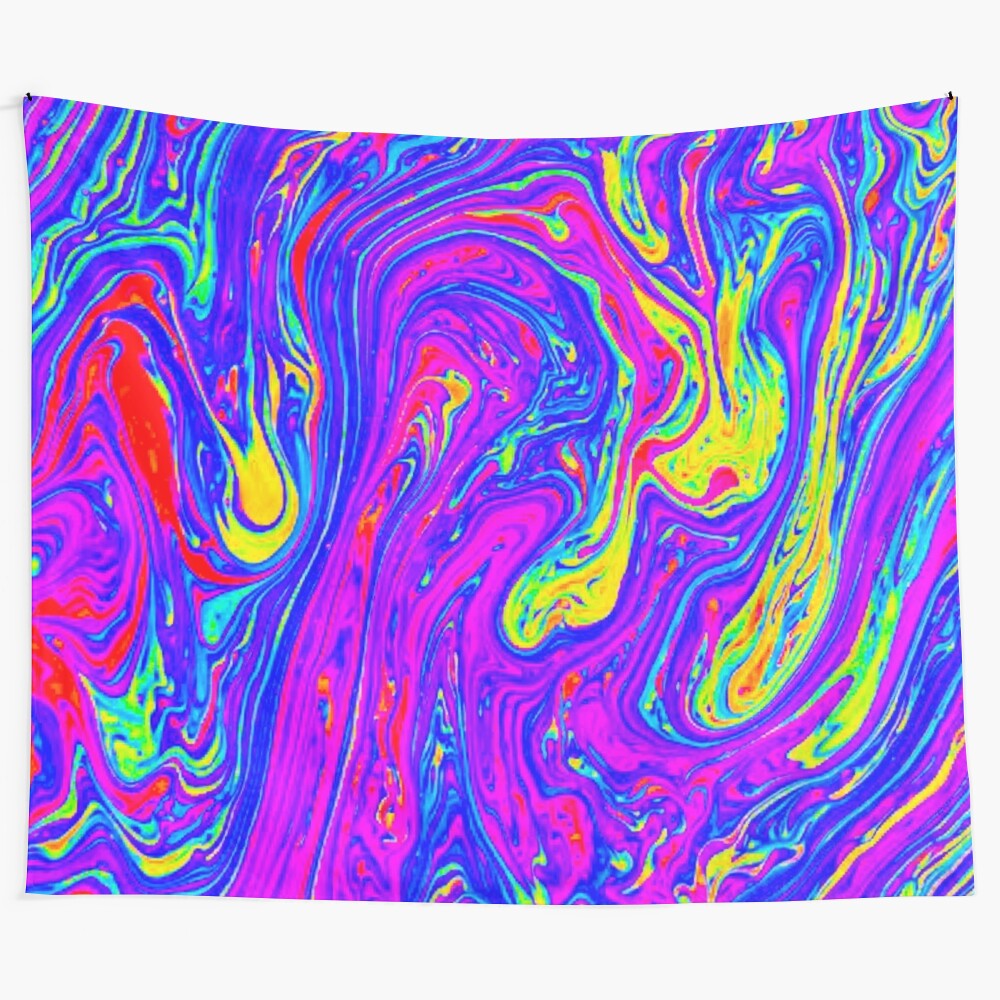 Colorful trippy tapestry with fluid, abstract patterns and neon tie-dye effects