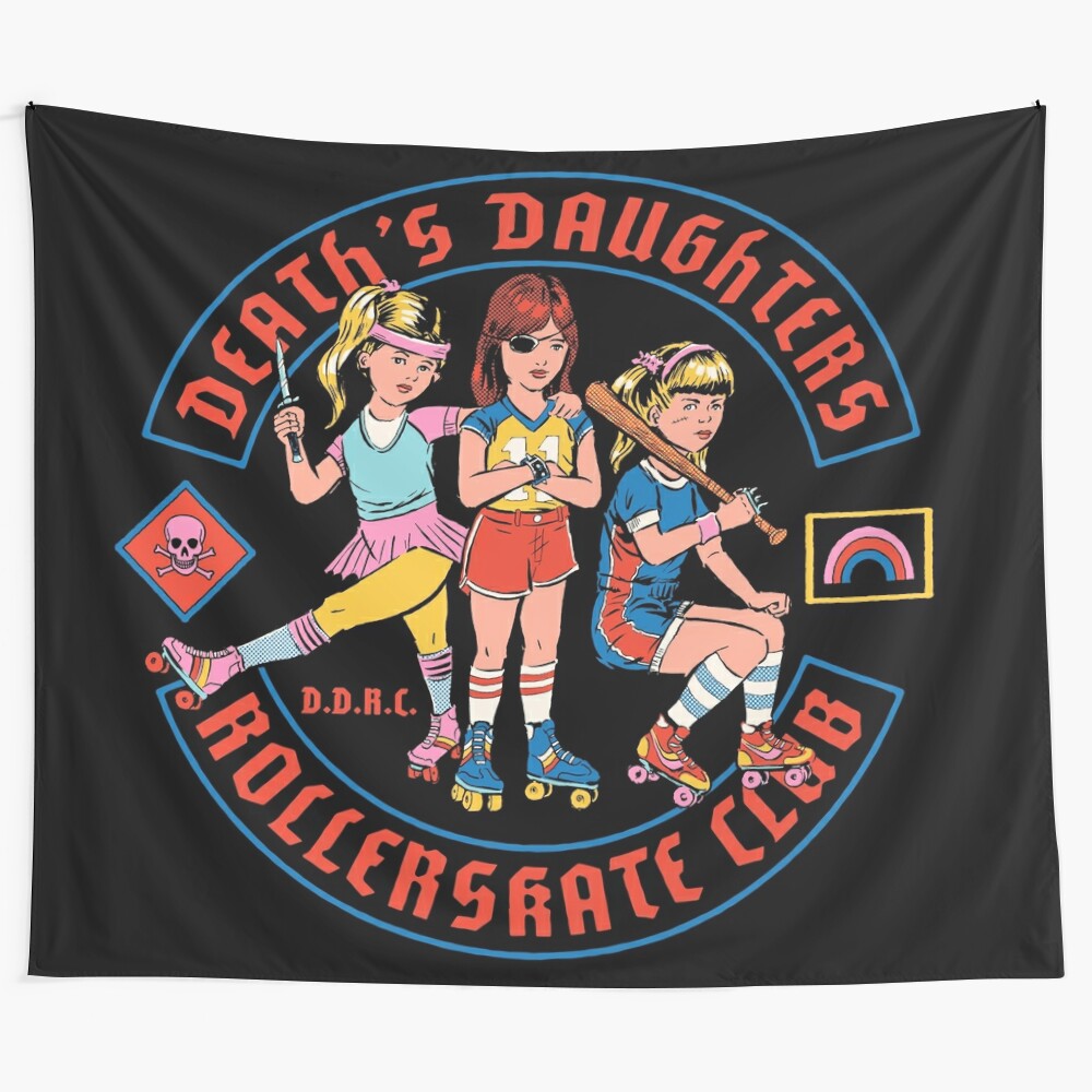 Vintage-inspired DDRC tapestry featuring retro roller skate and girl gang design