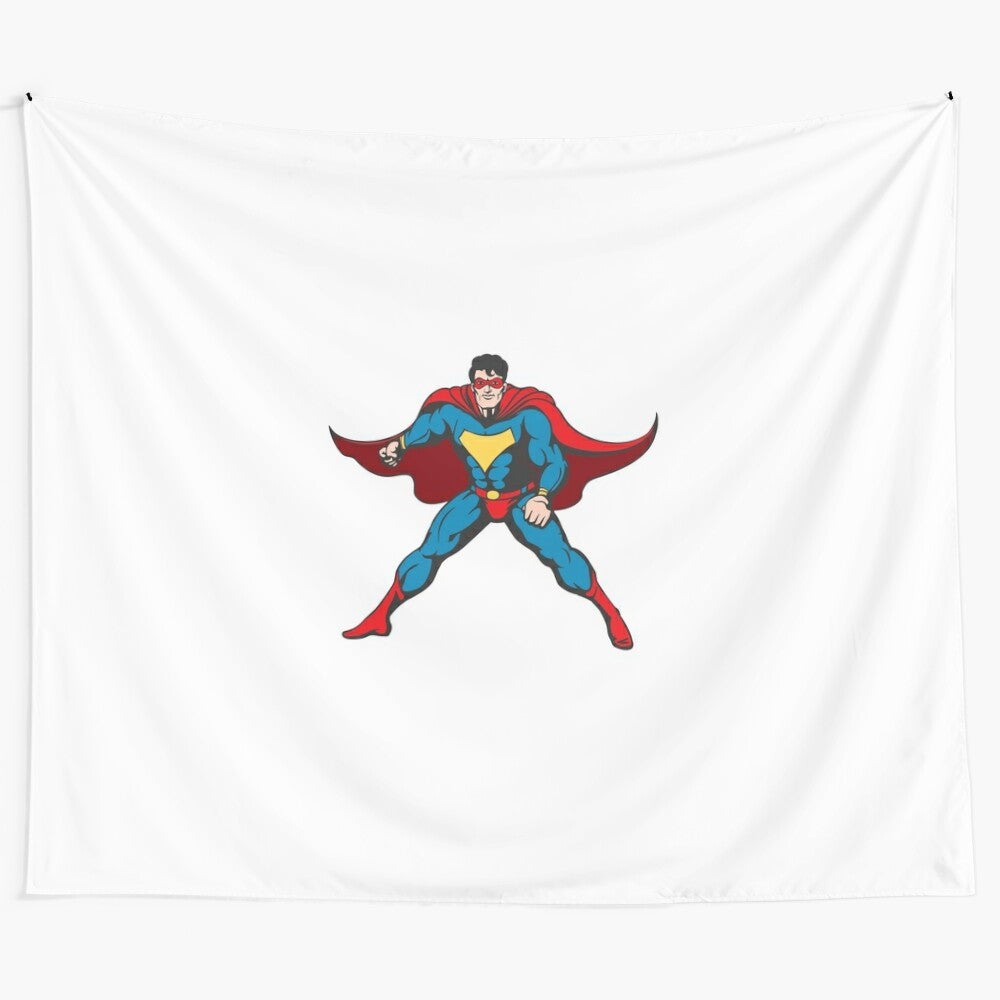 Dynamic Superhero Tapestry featuring a muscular hero in action pose