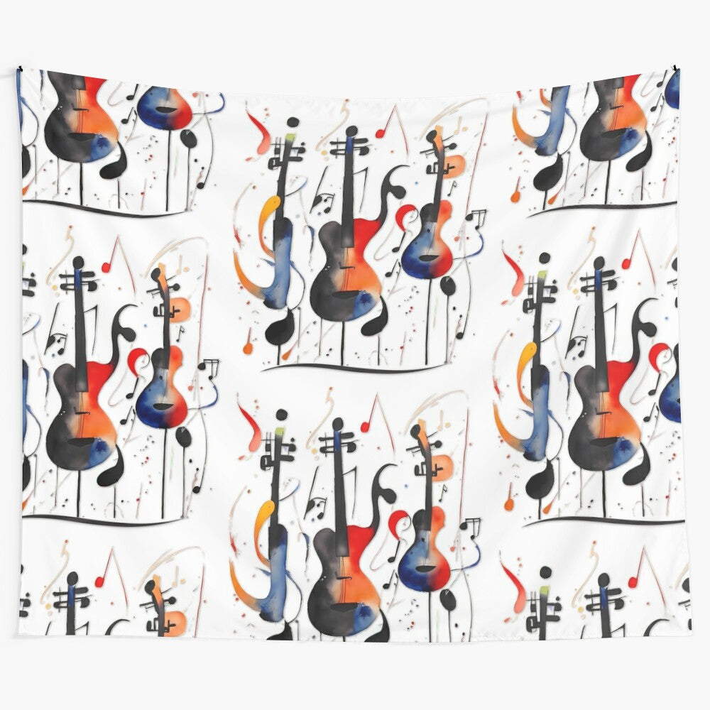 Graphic design tapestry with guitars and musical elements