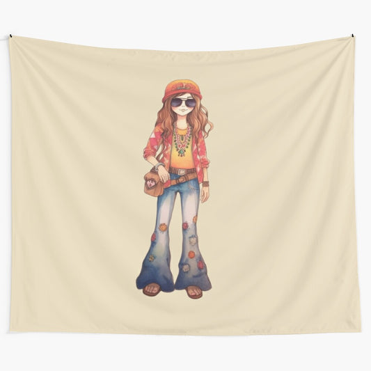 Colorful hippie girl tapestry with peace sign, flowers, and psychedelic patterns