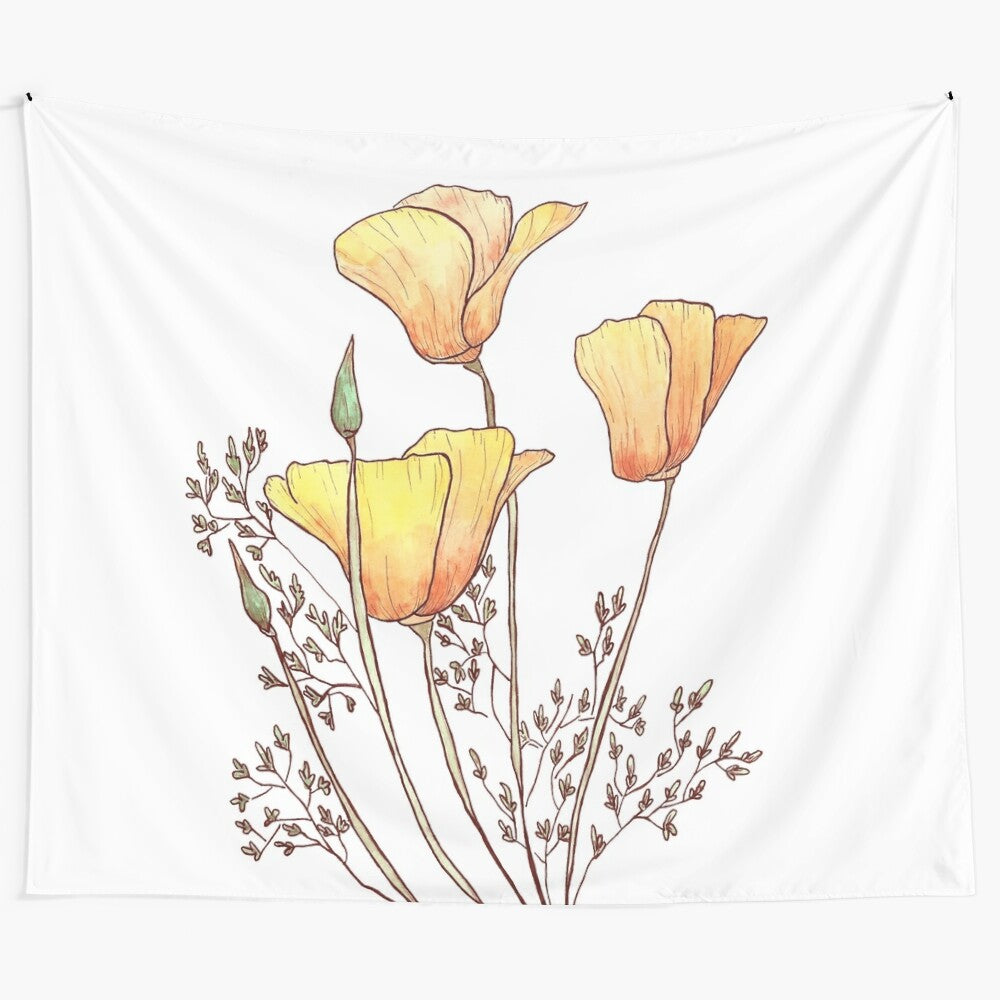 California poppy floral tapestry with vibrant orange and yellow blooms