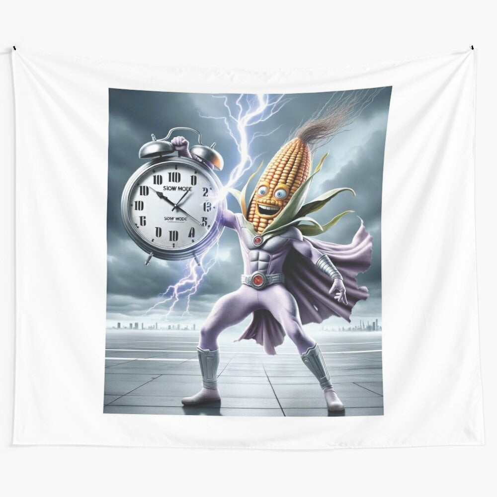 Vibrant tapestry depicting a heroic corn character with lightning powers and a clock