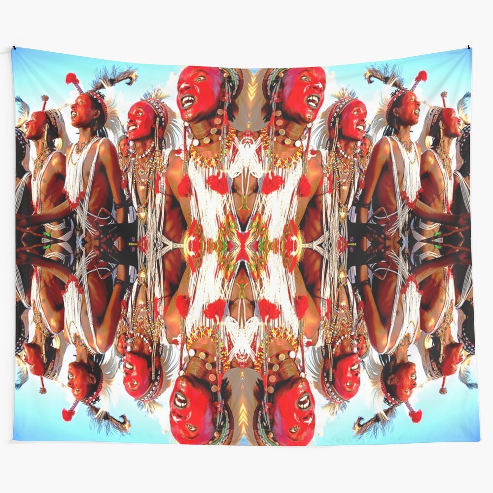 Colorful tribal dance tapestry with abstract geometric patterns