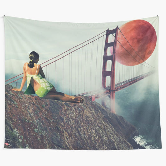 Vintage collage tapestry featuring a surreal depiction of the Golden Gate Bridge and a red moon over California